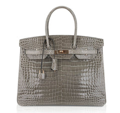 Birkin 35 Bag Gris Tourterelle Porosus Crocodile with Gold Hardware