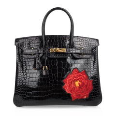 Limited Edition HSS Birkin 35 Black La Rosee Porosus Crocodile Bag Gold Hardware