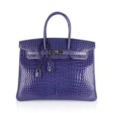 Birkin 35 Bag Blue Brighton Porosus Crocodile Palladium Hardware New
