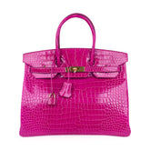 Birkin 35 Bag Rose Scheherazade Porosus Crocodile with Gold Hardware