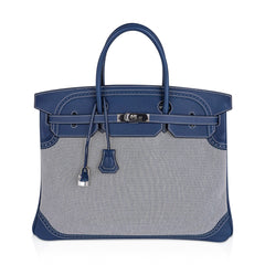 Birkin Limited Edition 40 Ghillies Bag Blue de Prusse Blue Toile with Palladium Hardware