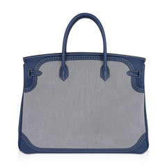 Birkin Limited Edition 40 Ghillies Bag Blue de Prusse Blue Toile with Palladium Hardware