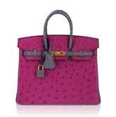 Birkin HSS 25 Bag Rose Pourpre and Gris Agate Ostrich with Gold Hardware