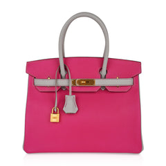 Special Order HSS Birkin 30 Bag Rose Shocking & Gris Perle Chevre Leather with Brushed Gold Hardware