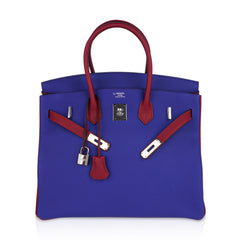 Special Order HSS Birkin 35 Bag Blue Electric & Rouge Granat Togo Leather with Palladium Hardware