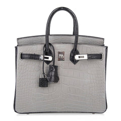 Birkin 25 HSS Bag Gris Perle / Black Matte Alligator Palladium Hardware