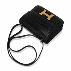 Mini Constance 18 Bag Black Matte Alligator with Gold Hardware and Mirror