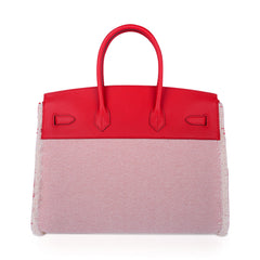 Limited Edition Birkin 35 Bag Fray Fray Framboise Toile and Swift Leather with Palladium Hardware