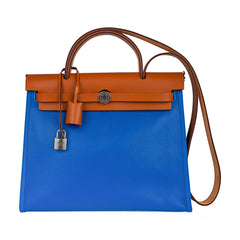 Herbag Zip 31 Bag Blue Frida Berline Canvas Vache Naturelle Leather with Palladium Hardware