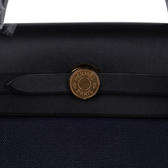Herbag Zip 31 Bag Blue Indigo Toile Black Vache Hunter Leather with Gold Hardware