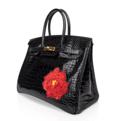 Limited Edition HSS Birkin 35 Black La Rosee Porosus Crocodile Bag Gold Hardware