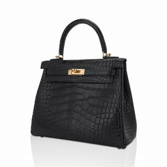 Kelly 25 Retourne Bag Black Matte Alligator with Gold Hardware