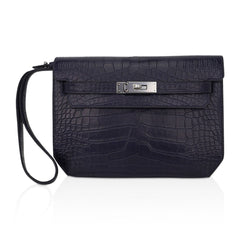 Kelly Depeches 25 Pouch Blue Indigo Matte Alligator with Palladium Hardware