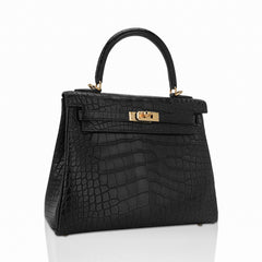 Kelly 25 Retourne Bag Black Matte Alligator with Gold Hardware