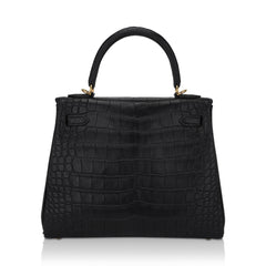 Kelly 25 Retourne Bag Black Matte Alligator with Gold Hardware