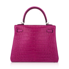 Kelly 25 Retourne Bag Rose Scheherazade Matte Alligator with Palladium Hardware