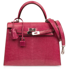 Kelly 25 Sellier Bag Fuschia Lizard with Palladium Hardware