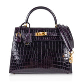 Kelly 25 Bag Sellier Crocodile Prunoir Gold Hardware