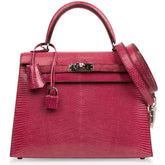 Kelly 25 Sellier Bag Fuschia Lizard with Palladium Hardware