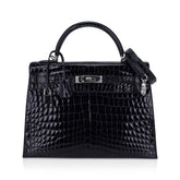 Kelly 32 Sellier Bag Black Crocodile with Palladium Hardware