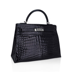 Kelly 32 Sellier Bag Black Crocodile with Palladium Hardware