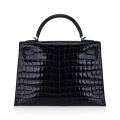 Kelly 32 Sellier Bag Black Crocodile with Palladium Hardware