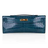 Kelly Cut Bag Blue Colvert Crocodile with Gold Hardware