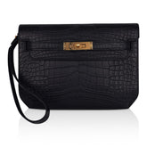 Kelly Depeches 25 Pouch Black Matte Alligator Gold Hardware New