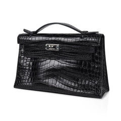 Kelly Pochette Bag Matte Black Crocodile Clutch Palladium