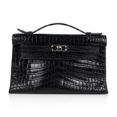 Kelly Pochette Bag Matte Black Crocodile Clutch Palladium