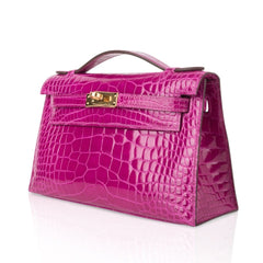 Kelly Pochette Clutch Bag Rose Scheherazade Pink Alligator Gold Hardware
