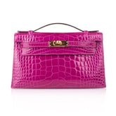 Kelly Pochette Clutch Bag Rose Scheherazade Pink Alligator Gold Hardware