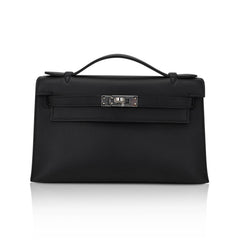 Kelly Pochette Clutch Bag Black Swift Leather with Palladium Hardware