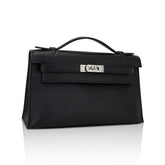 Kelly Pochette Clutch Bag Black Swift Leather with Palladium Hardware
