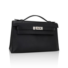 Kelly Pochette Clutch Bag Black Swift Leather with Palladium Hardware