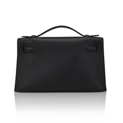 Kelly Pochette Clutch Bag Black Swift Leather with Palladium Hardware