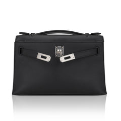 Kelly Pochette Clutch Bag Black Swift Leather with Palladium Hardware