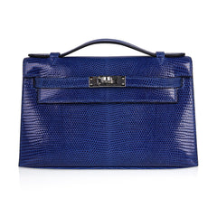 Kelly Pochette Bag Blue Sapphire Lizard Clutch Palladium Hardware