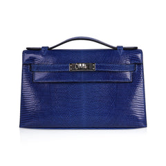 Kelly Pochette Bag Blue Sapphire Lizard Clutch Palladium Hardware