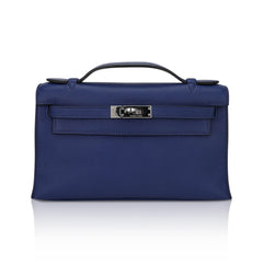 Kelly Pochette Clutch Bag Blue Sapphire Swift Leather with Palladium Hardware