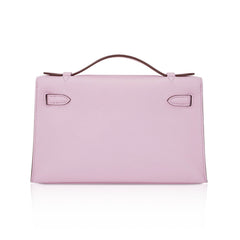 Kelly Pochette Clutch Bag Mauve Sylvestre Swift Leather with Rose Gold Hardware