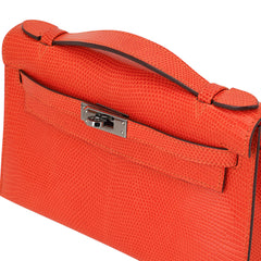 Kelly Pochette Clutch Bag Tangerine Lizard with Ruthinium Hardware