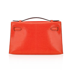 Kelly Pochette Clutch Bag Tangerine Lizard with Ruthinium Hardware