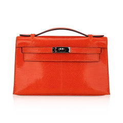 Kelly Pochette Clutch Bag Tangerine Lizard with Ruthinium Hardware