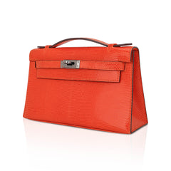 Kelly Pochette Clutch Bag Tangerine Lizard with Ruthinium Hardware