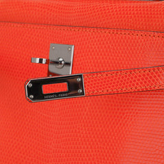 Kelly Pochette Clutch Bag Tangerine Lizard with Ruthinium Hardware