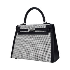 Kelly 25 Sellier Bag Quadrille Black & White Viking Toile Swift Leather with Palladium Hardware