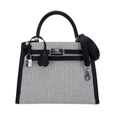 Kelly 25 Sellier Bag Quadrille Black & White Viking Toile Swift Leather with Palladium Hardware