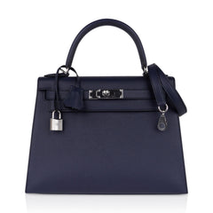 Kelly 28 Bag Blue Indigo Sellier Epsom Palladium Hardware New/Box