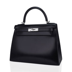 Kelly 28 Sellier Bag Black Box Leather with Palladium Hardware